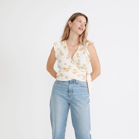 MADEWELL Flutter sleeve wrap top Off White and Yellow Floral Lightweight Guaze - Picture 1 of 12